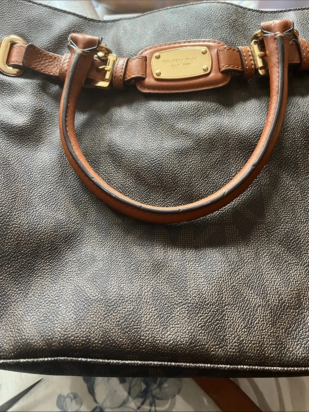 Michael Kors Dark Brown Leather Tote with Tan Handles and Gold Hardware